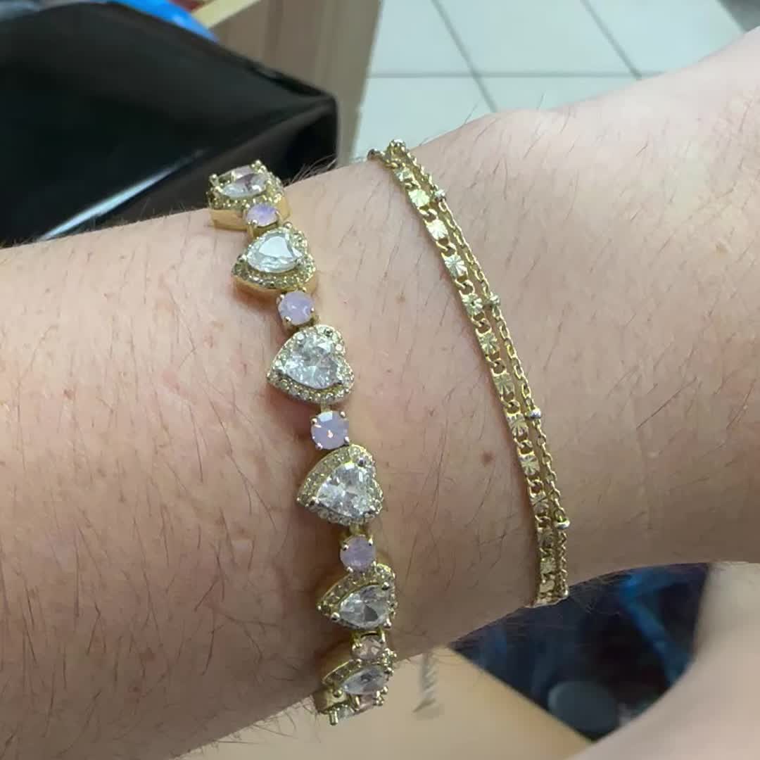 Gold Heart Tennis Bracelet w/ White Crystals Pink Moonstone