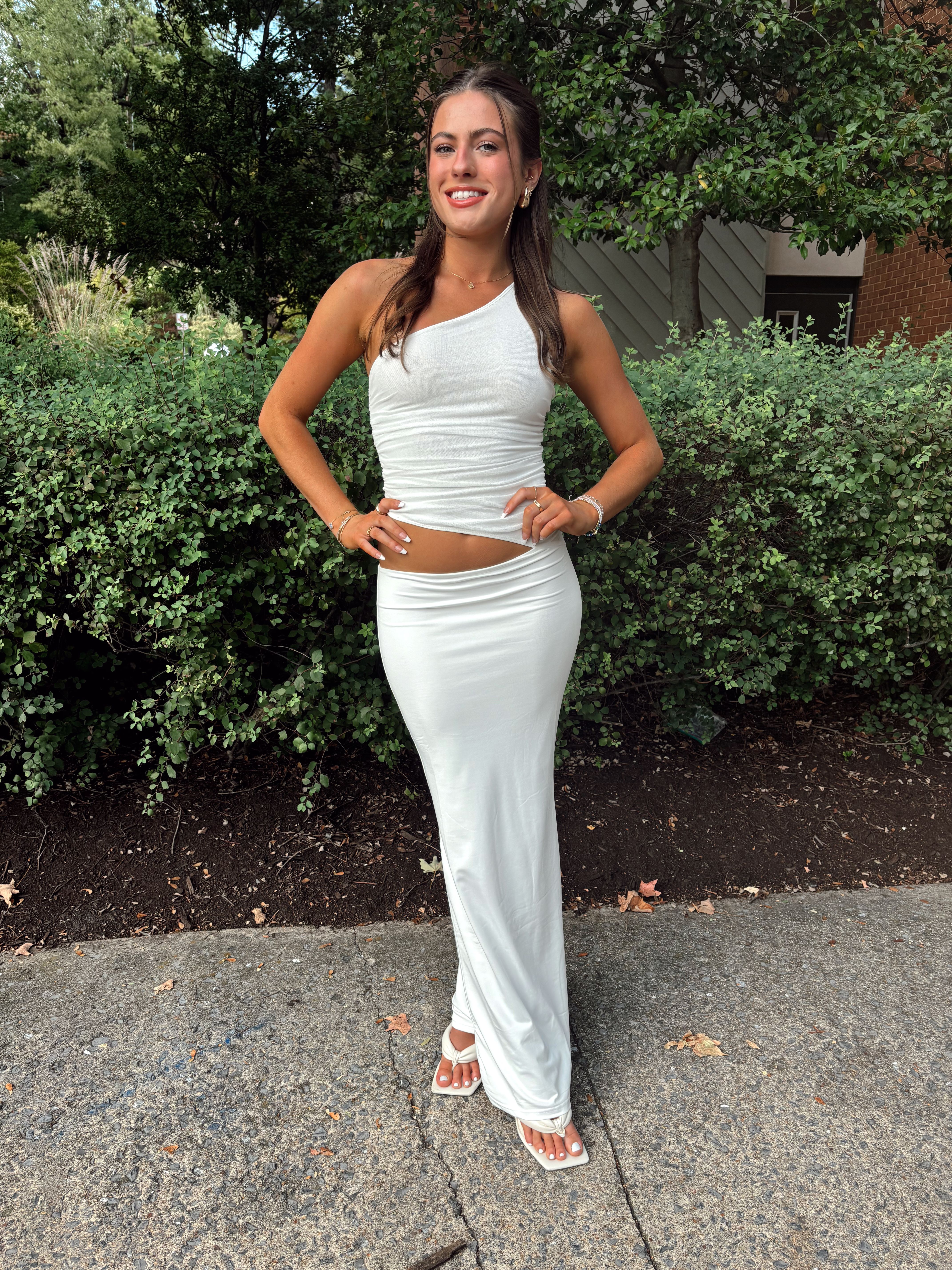 Seranella One Shoulder Maxi Dress - White – Peppermayo US