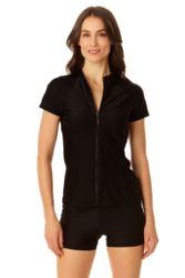 【新品】PACKABLE RASH GUARD HALF ZIP TOPS 2黒 Women's Short Sleeve Zip Front Rashguard Swim Top in Black