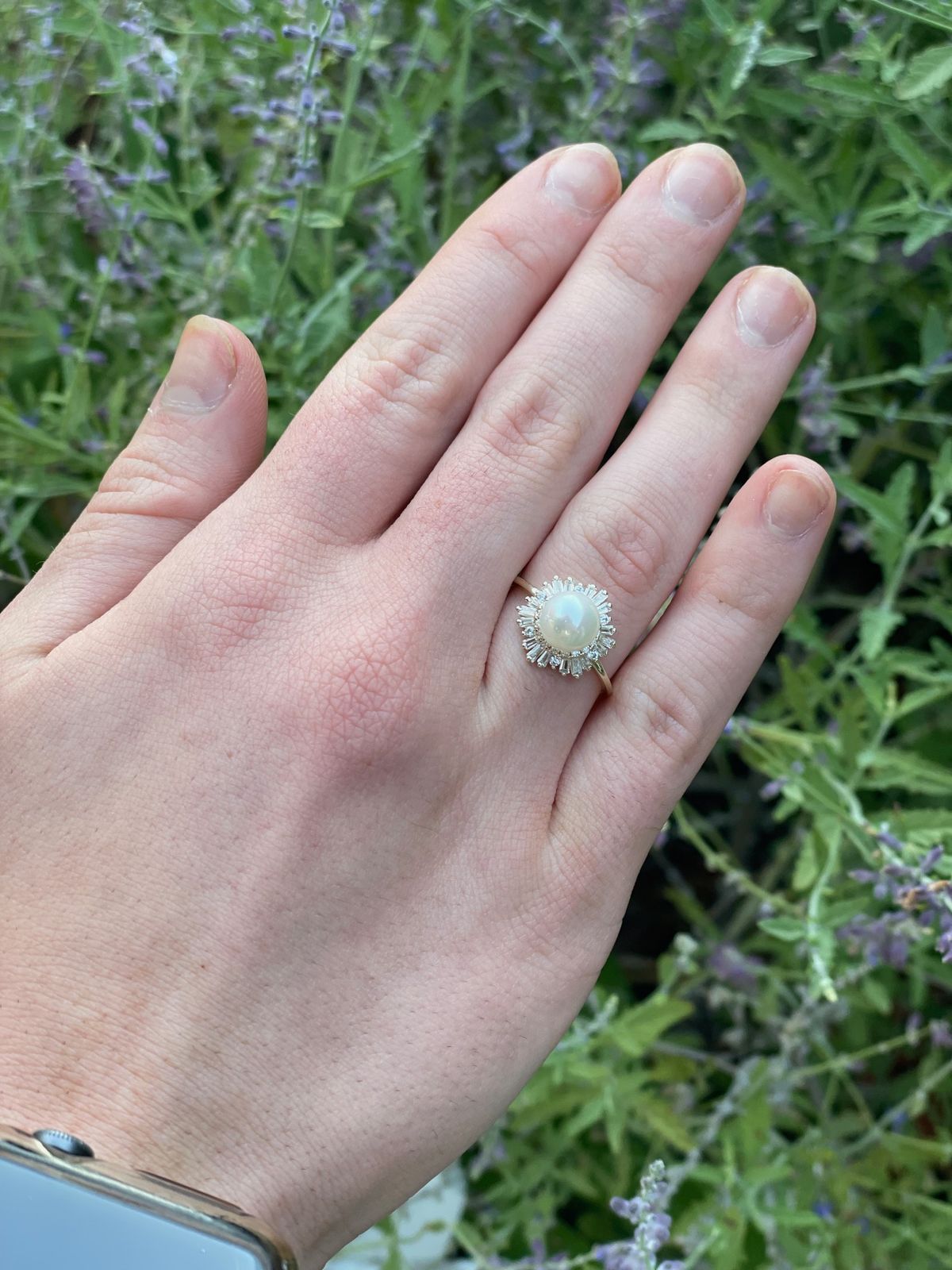 Gold Ring Featuring a Pearl Crystal + Halo of White Crystals