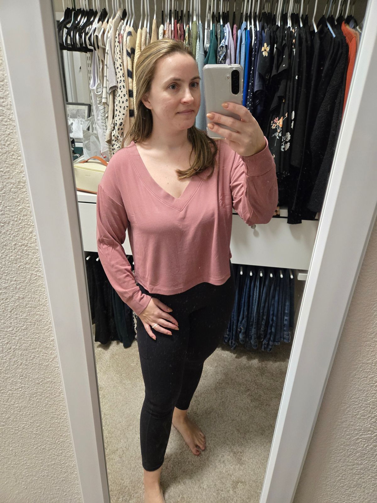 Women's Ribbed Long Sleeve Crop Top in Dusty Rose