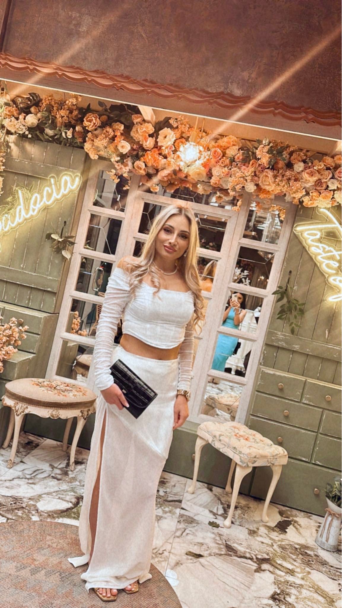 Eden Mid Rise High Slit Maxi Skirt in White | Oh Polly
