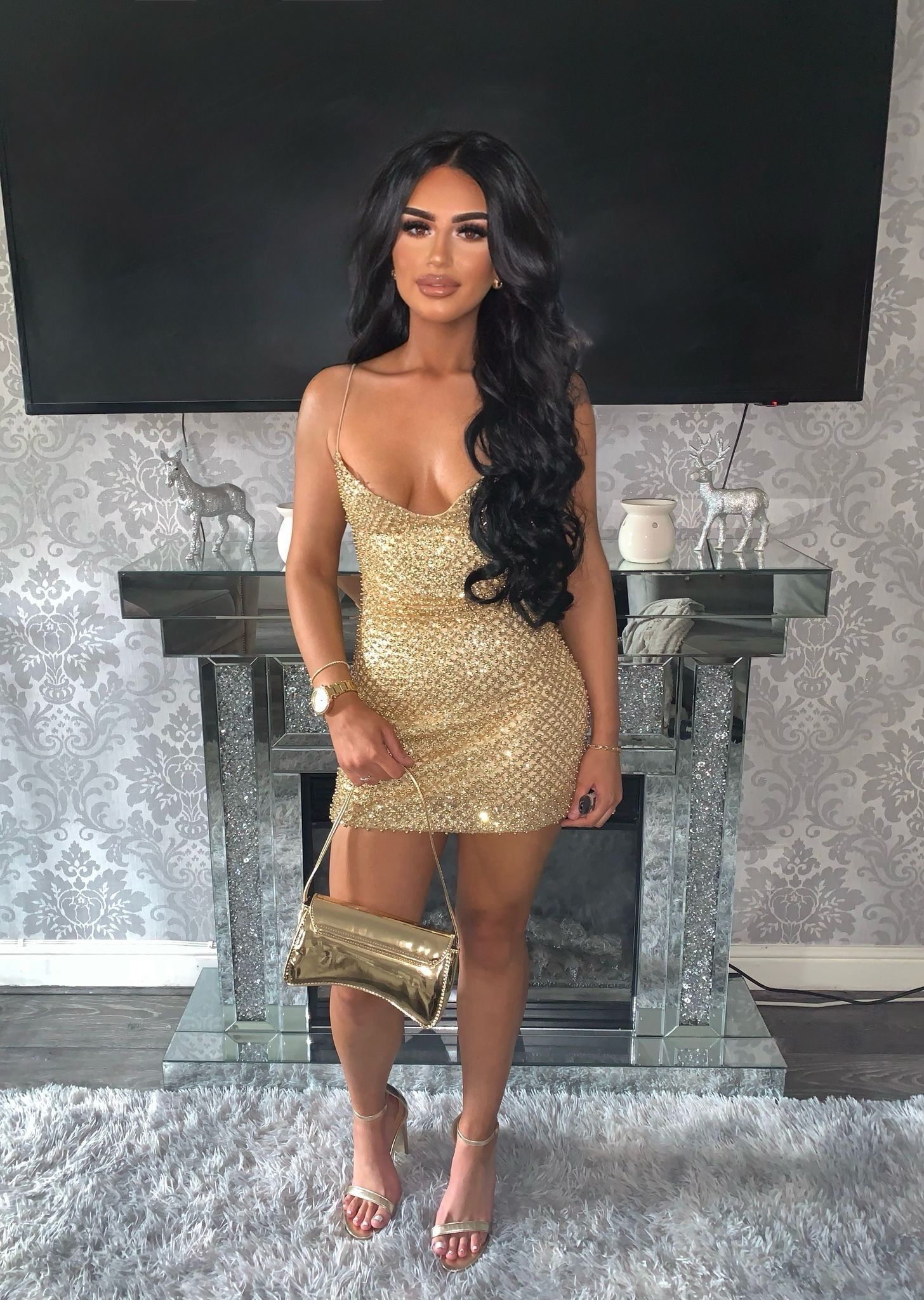 Drop A Glint Embellished Mini Dress in Gold | Oh Polly