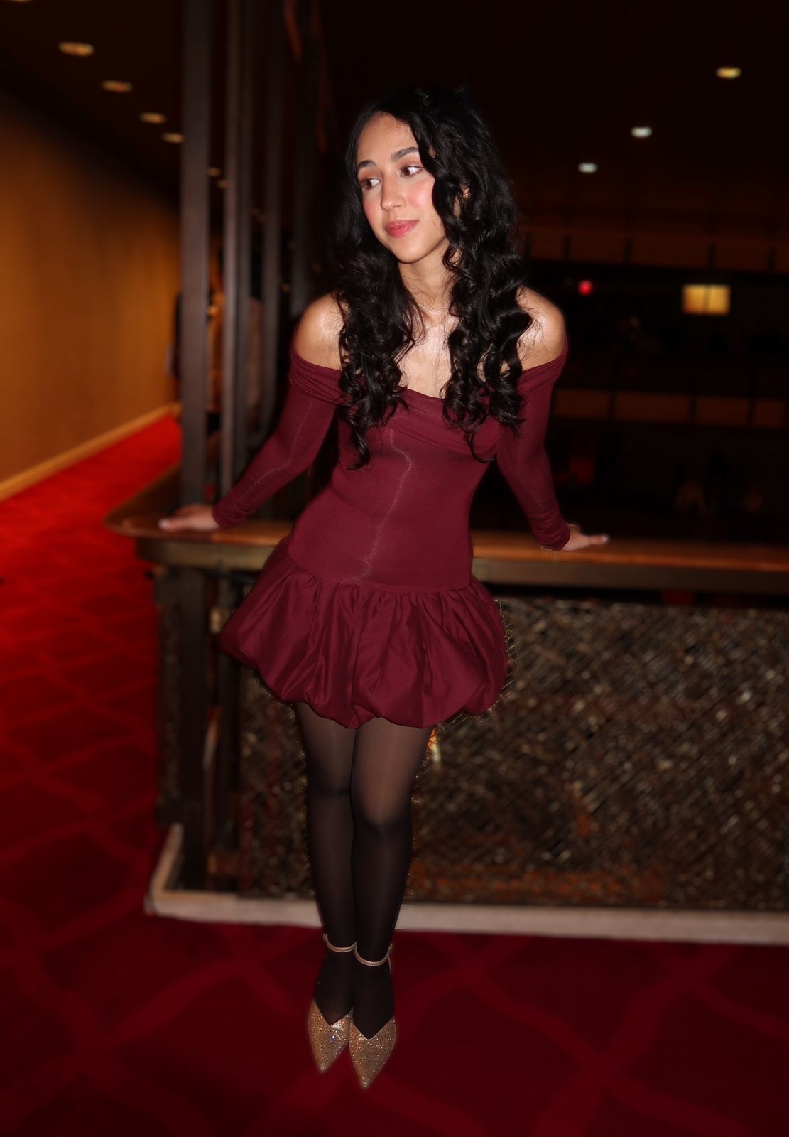 Serra Modal Off-Shoulder Bubble Hem Mini Dress in Wine Red