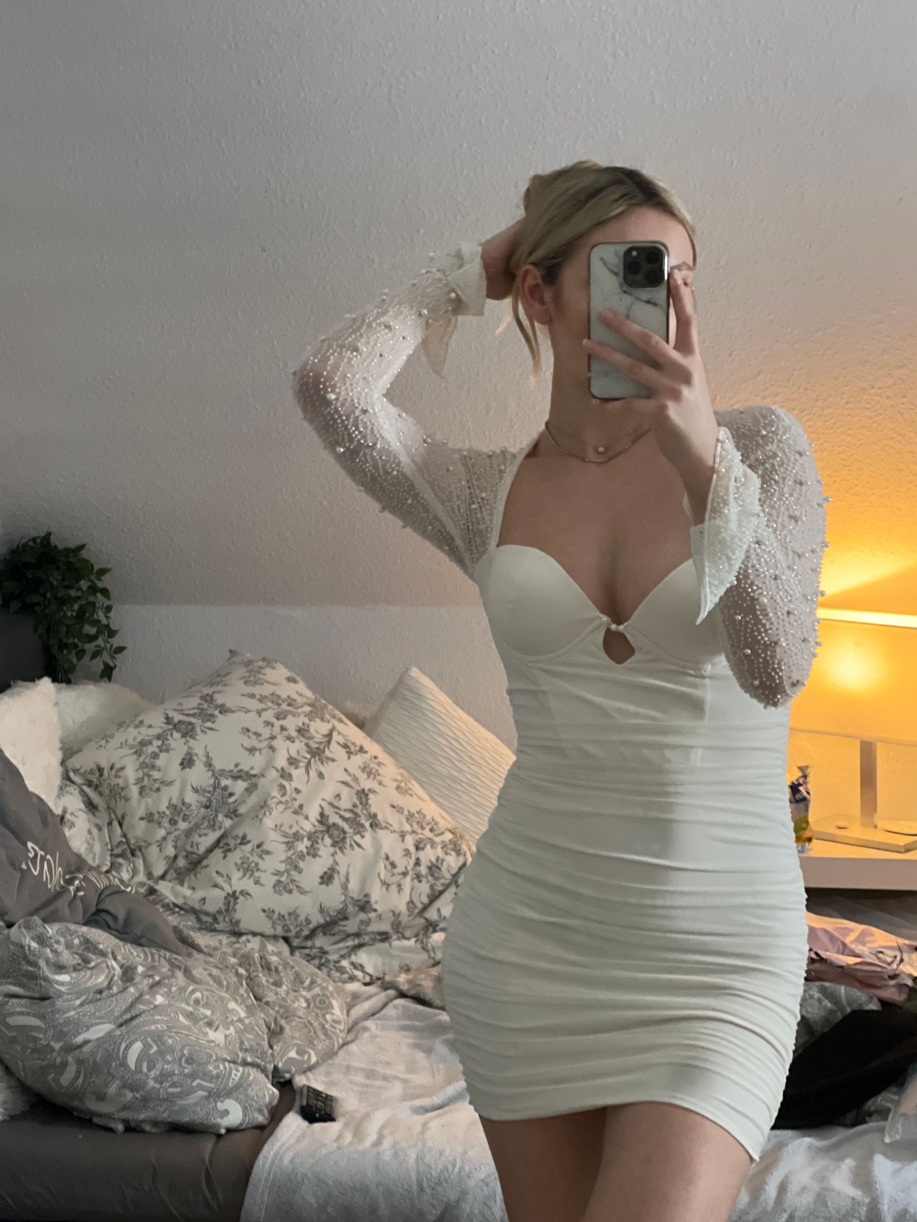 St Germain Long Sleeve Embellished Mini Dress in White | Oh