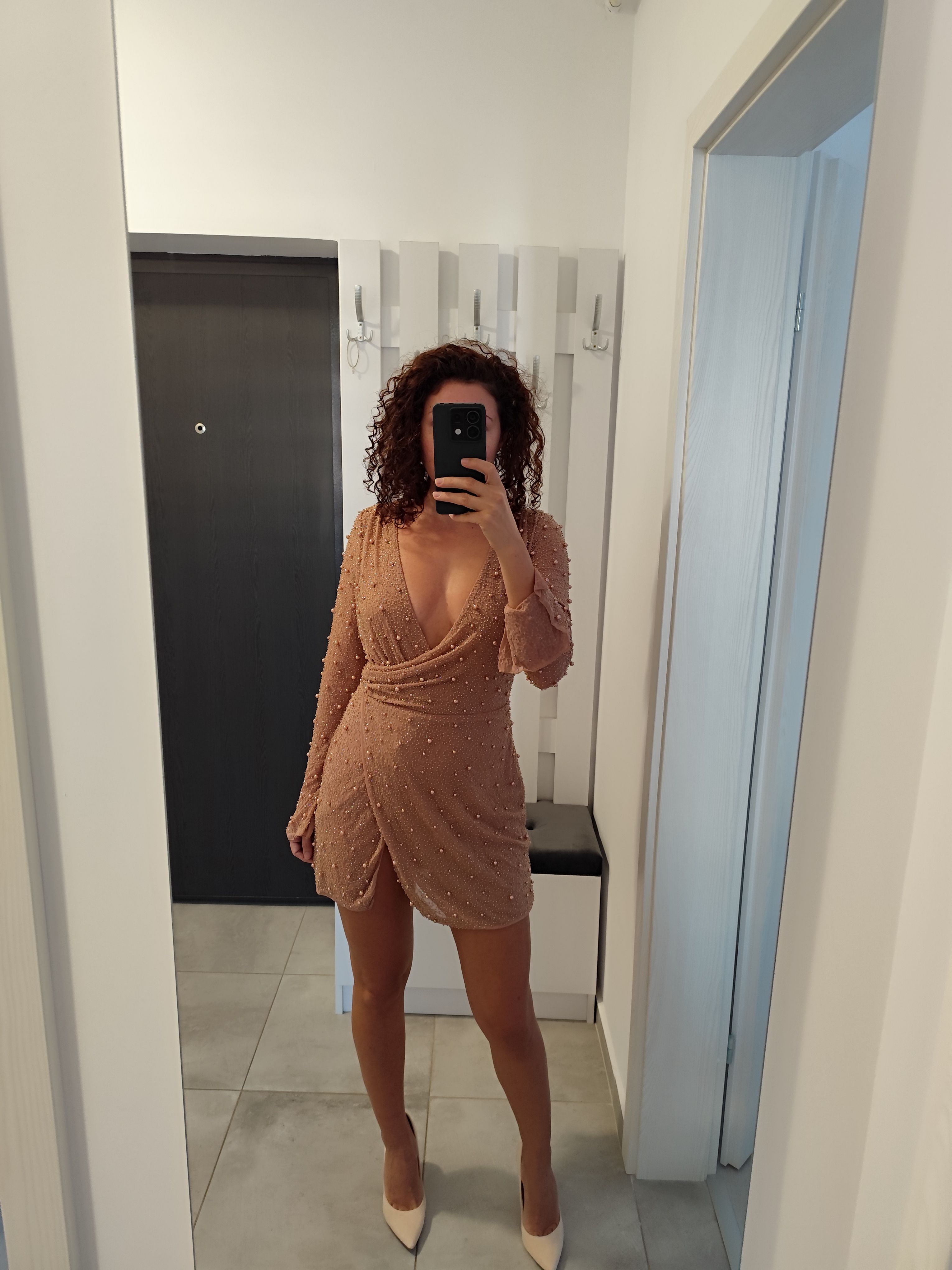Chelsea Embellished Wrap Over A-Line Mini Dress in Beige | Oh Polly