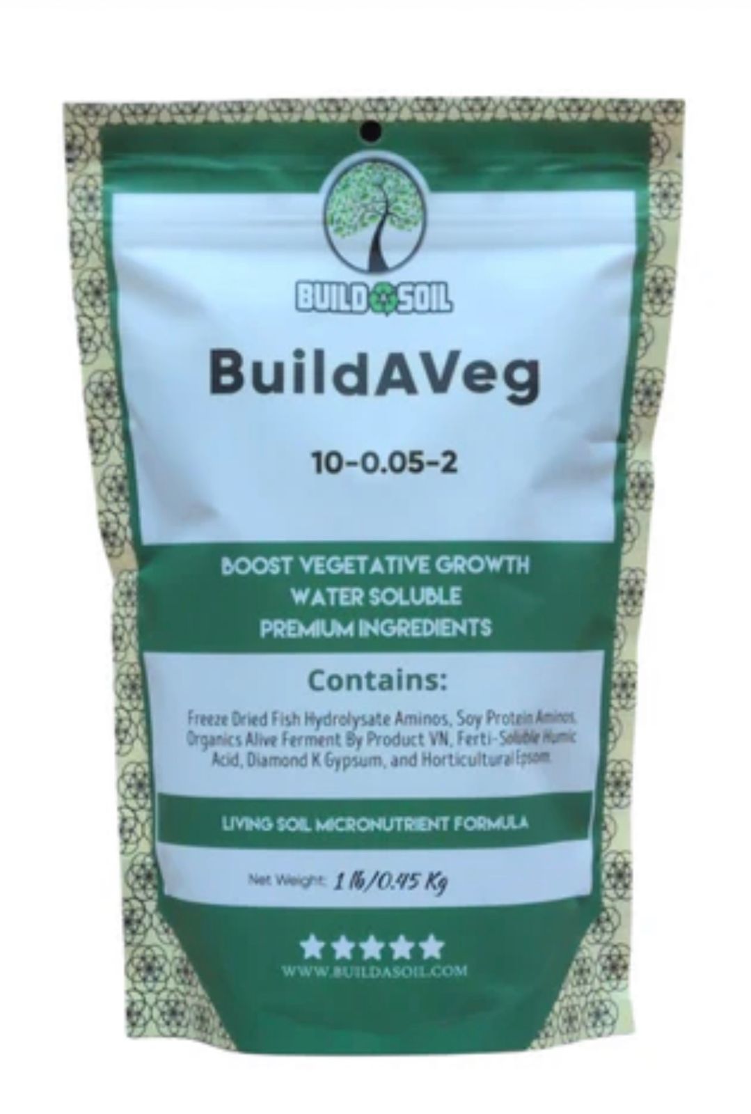 Package of BuildAVeg fertilizer with NPK ratio 10-0.05-2, designed to boost vegetative growth in plants