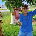 An elderly man in a blue shirt and cap stands next to a banana tree with a large purple banana flower, gesturing with his outstretched hand in a residential yard setting.