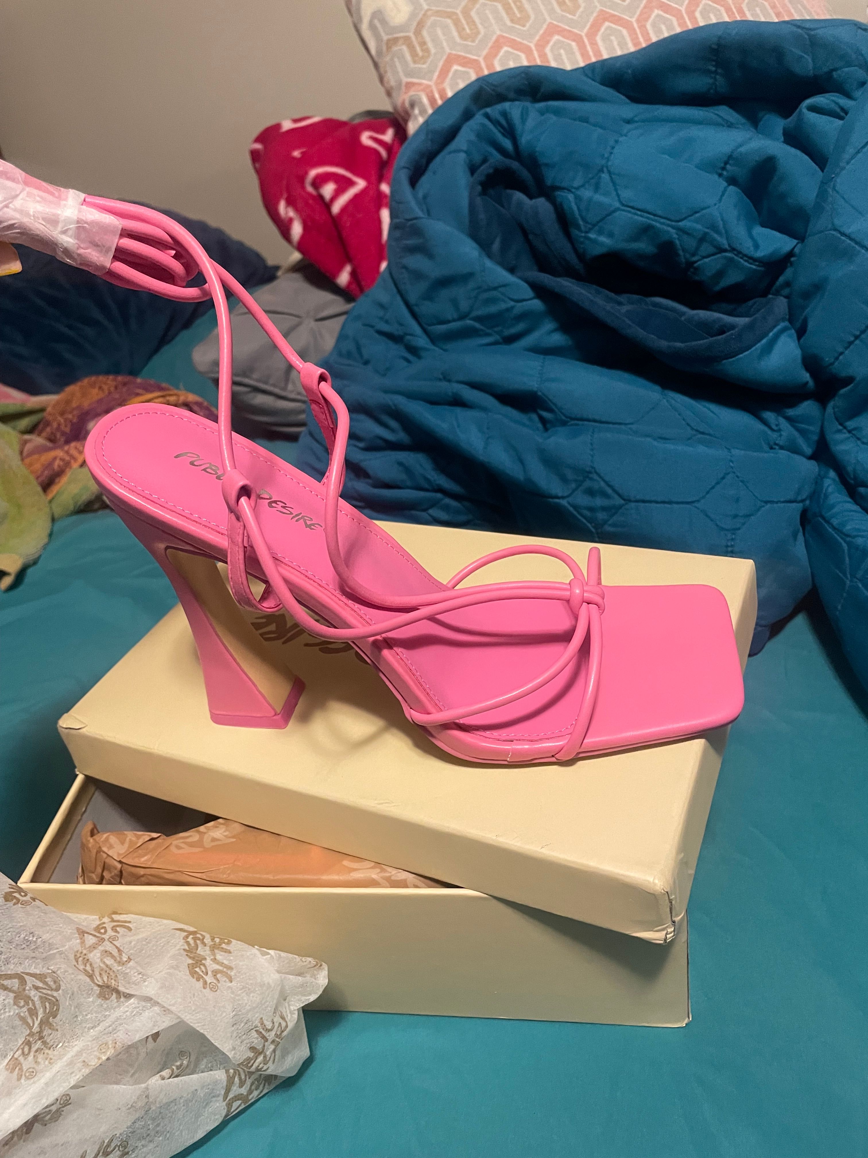Lizzy Pink Pu Lace Up Square Toe Curved High Block Heels