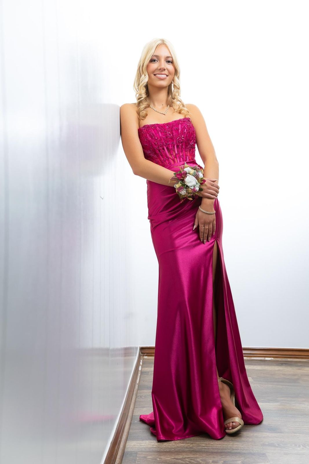 Exposed Boning Strapless Satin Corset Dress With Embroidered