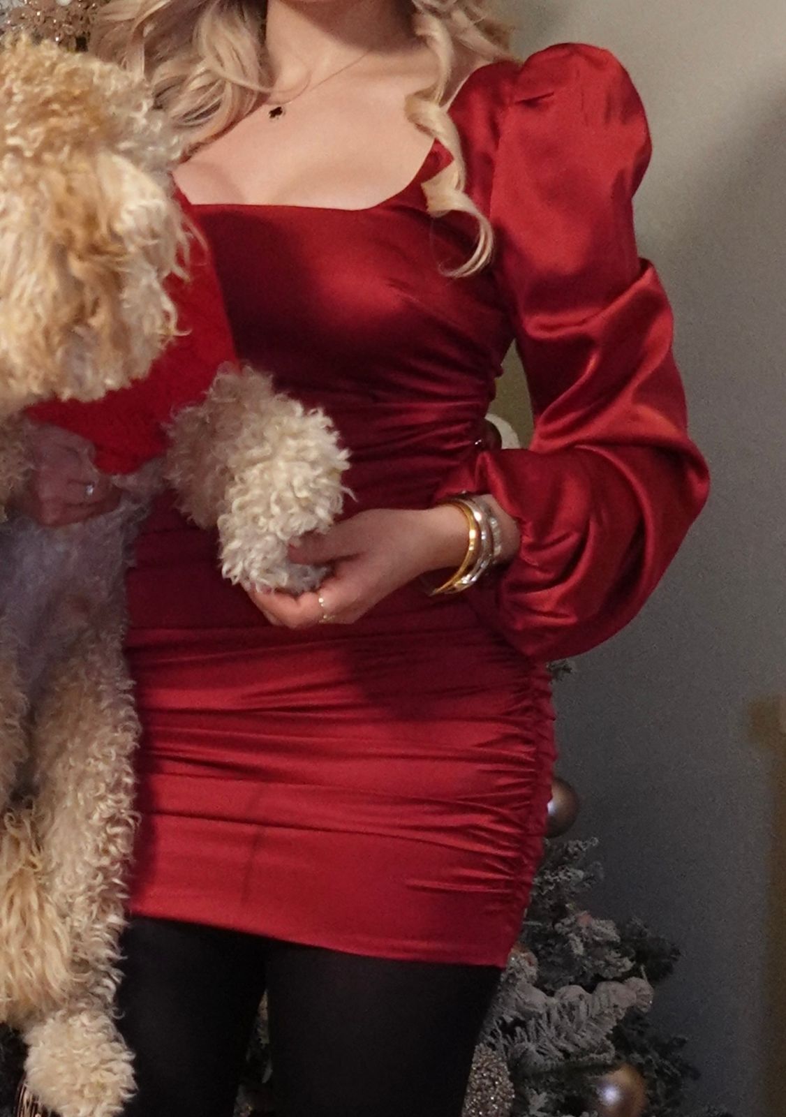 Precious Jewel Ruched Puff Sleeve Satin Mini Dress in Red | Oh Polly