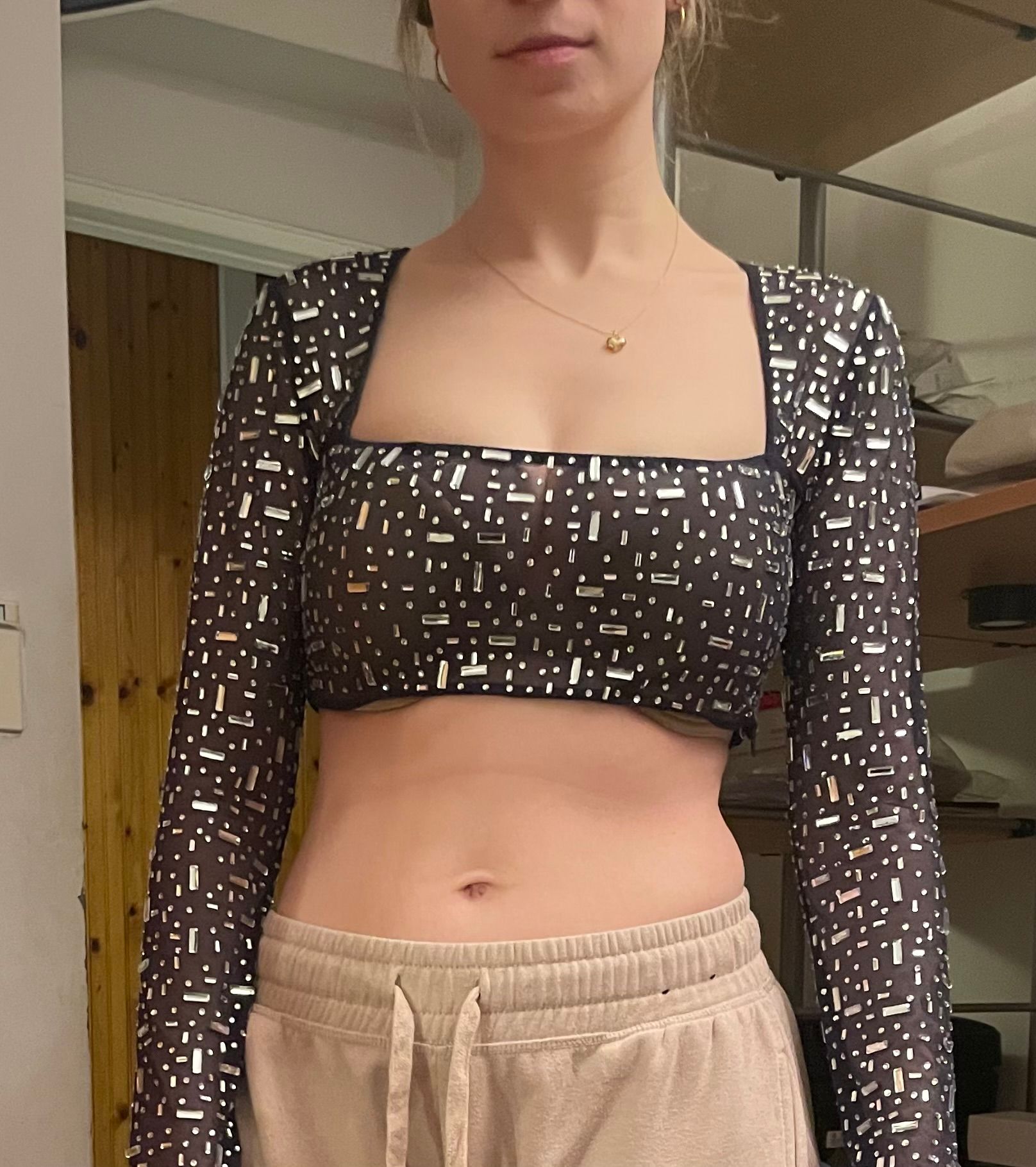 Guilia Sheer Embellished Long Sleeve Square Neck Crop Top in