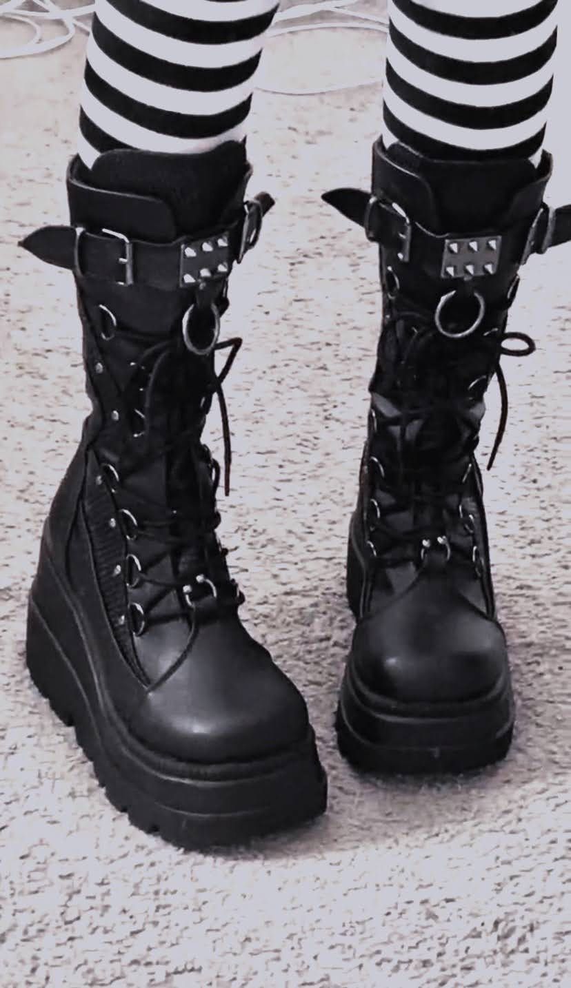 Demonia Shaker70 CalfHigh Boots Black Vegan Leather Demonia Cult