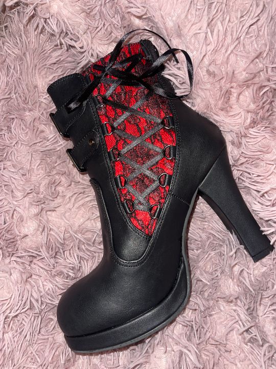 DEMONIA Crypto-51 Ankle Boots - Black-Red Lace Vegan Leather – Demonia  Cult