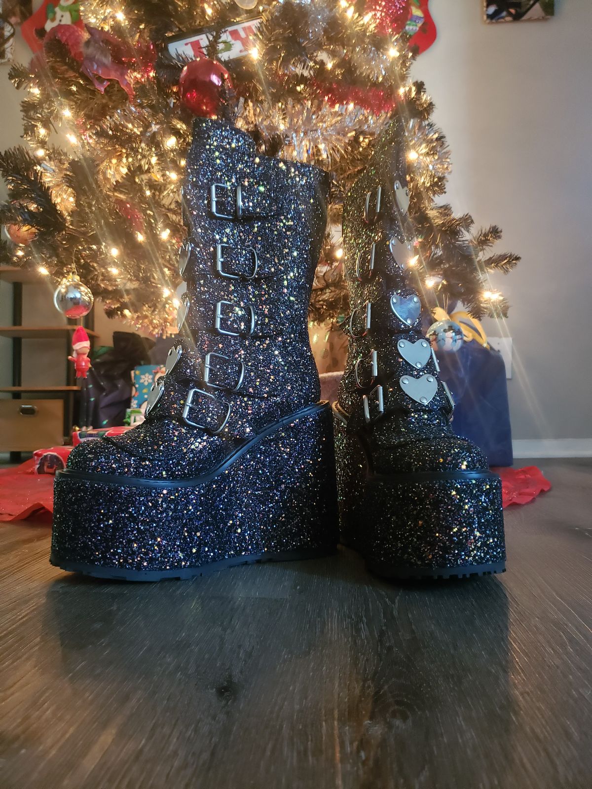 Swing 230g vegetariana demonia keilplateau 10 hebillas botas negro multiglitter Swing 230g vegetariana demonia keilplateau 10 hebillas botas negro multiglitter