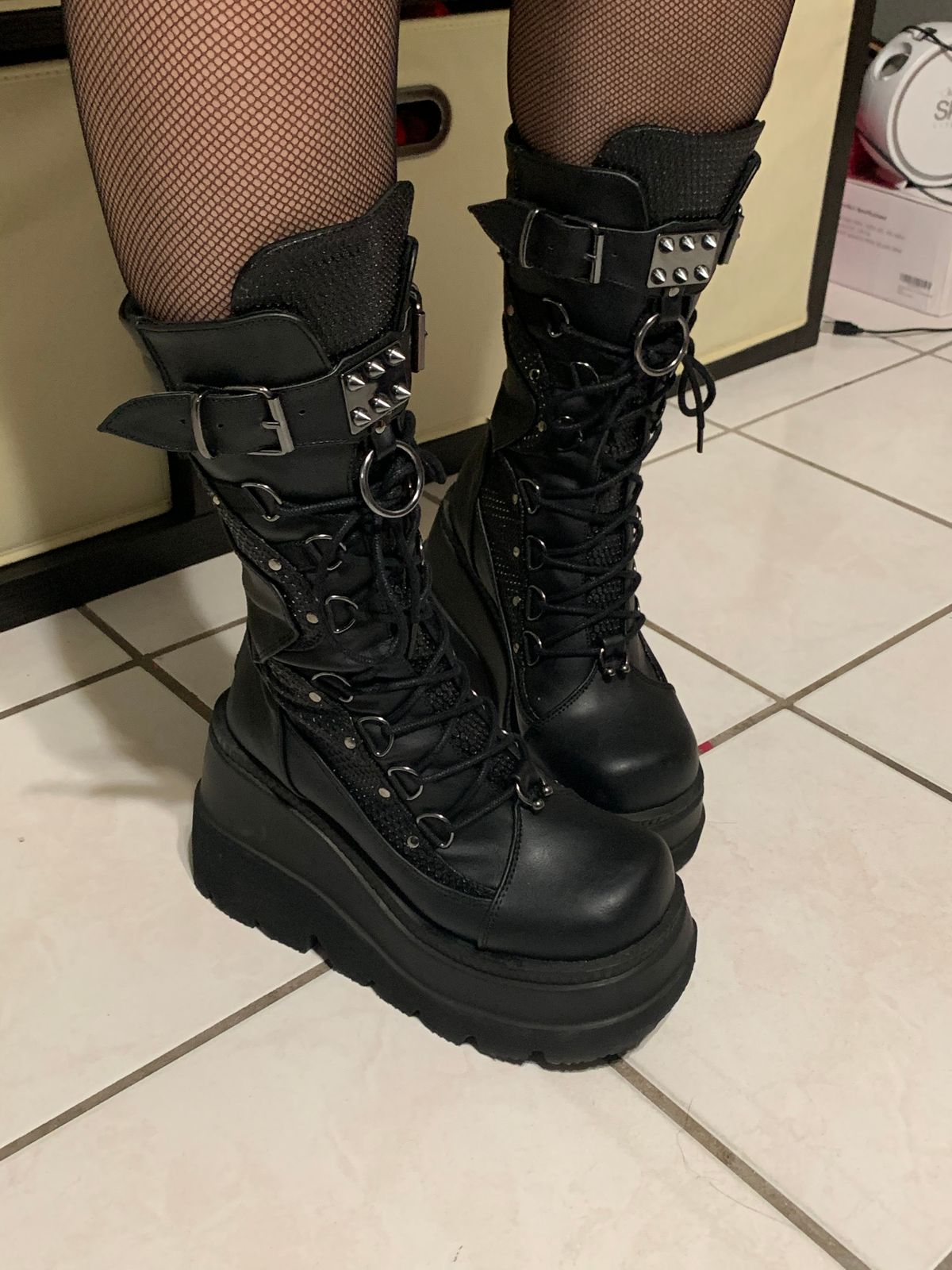 Demonia Shaker70 Kneehigh Boots Black Vegan Leather Demonia Cult