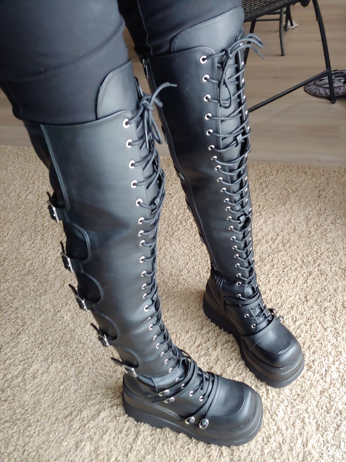 Demonia Shaker350 Overtheknee Boots Black Vegan LeatherStretch