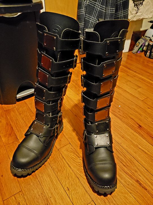 Demonia Riot-21MP Men's Black Punk Combat Steel Toe Knee High Boots | Faux Leather | Sizes 4-14 M