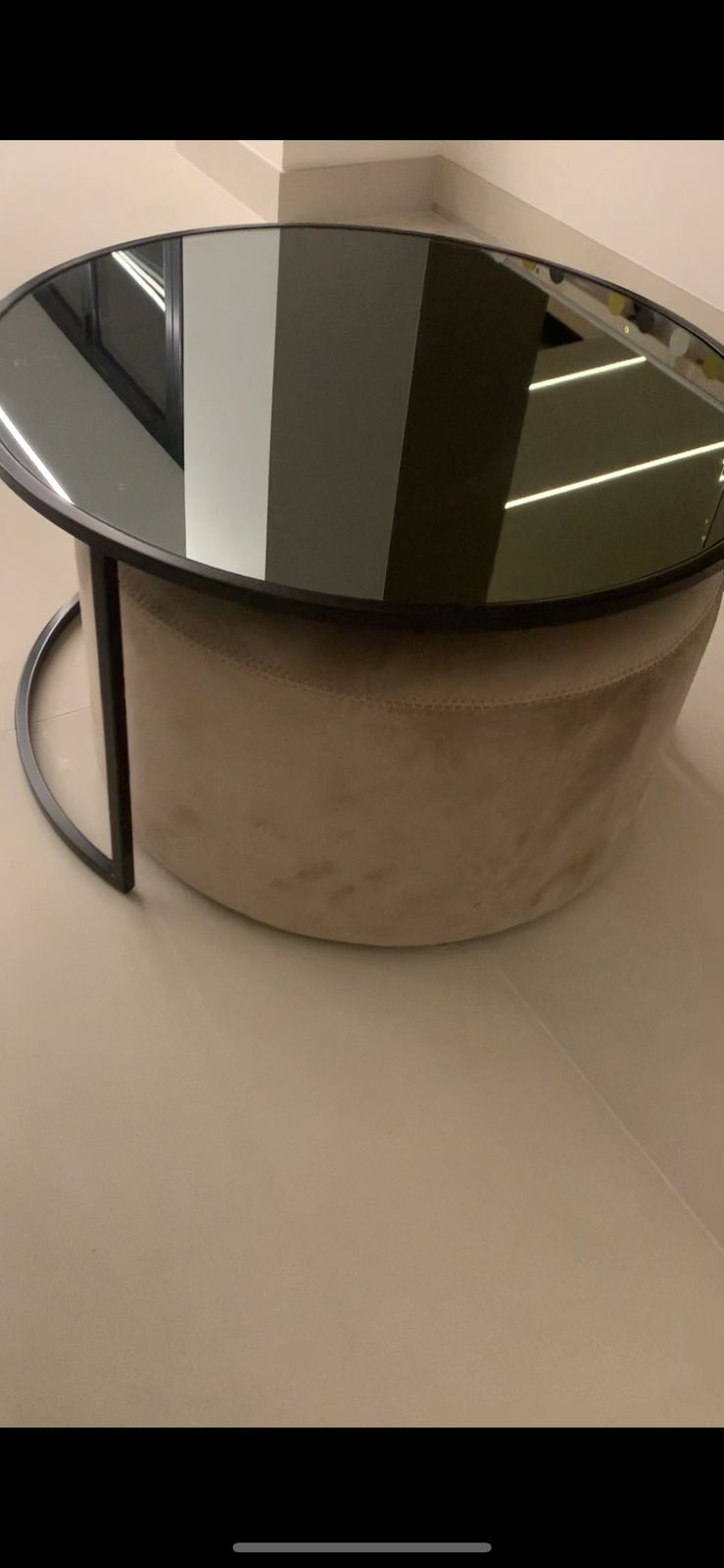 Thea Black Round Coffee Table and Light Grey Pouffe Set