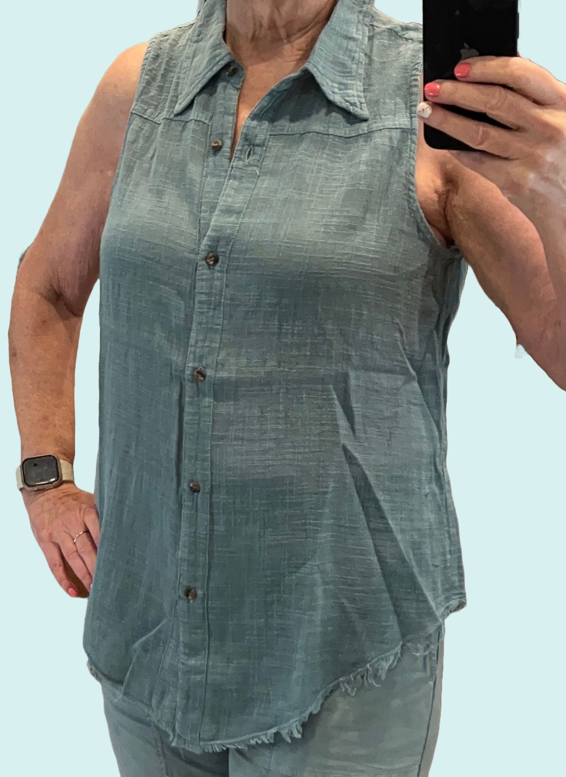 Wearables Otto Sleeveless Gauze Button-Up with raw-edge